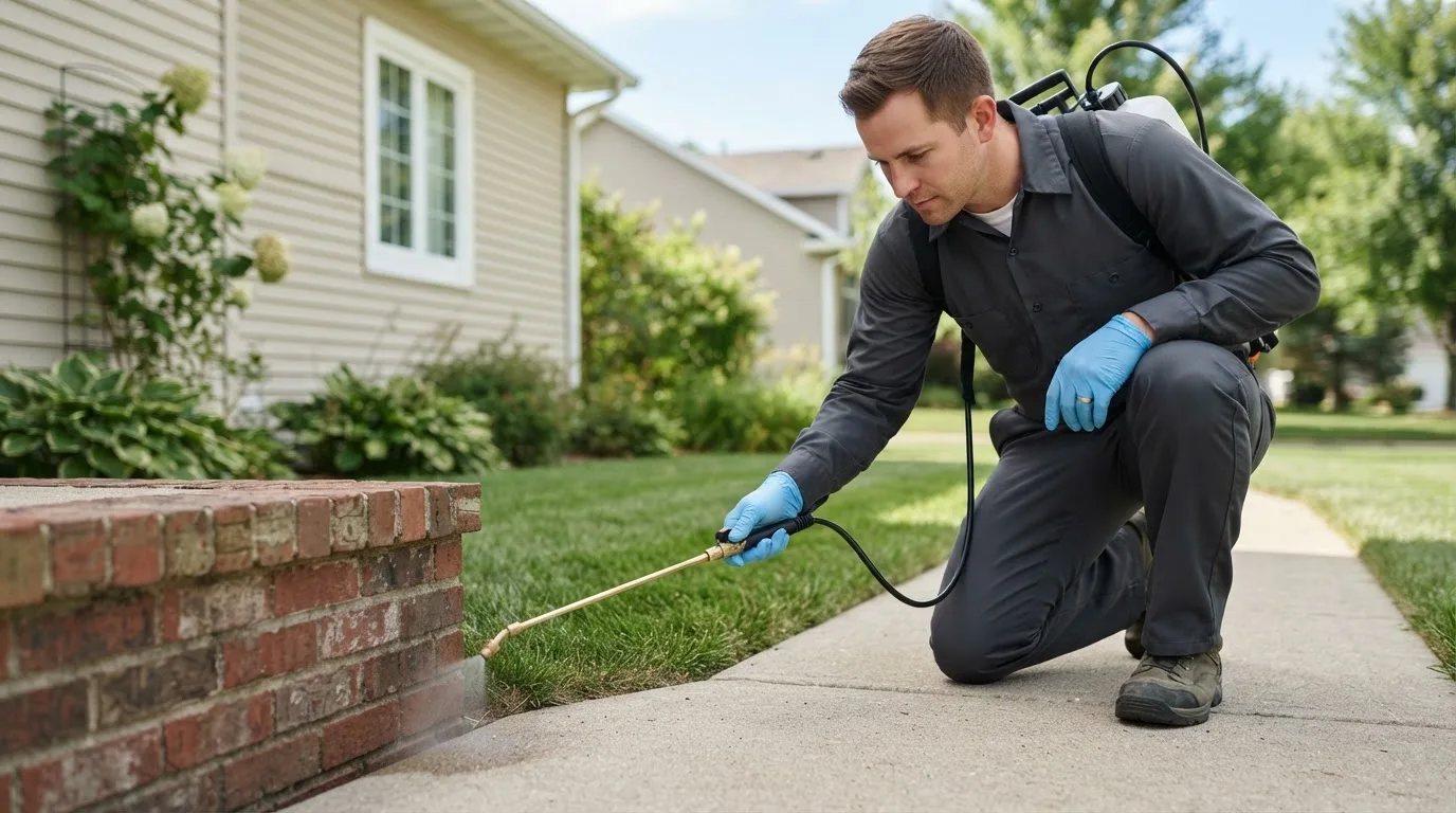 Pest control technician treating a home near Odessa, MN
