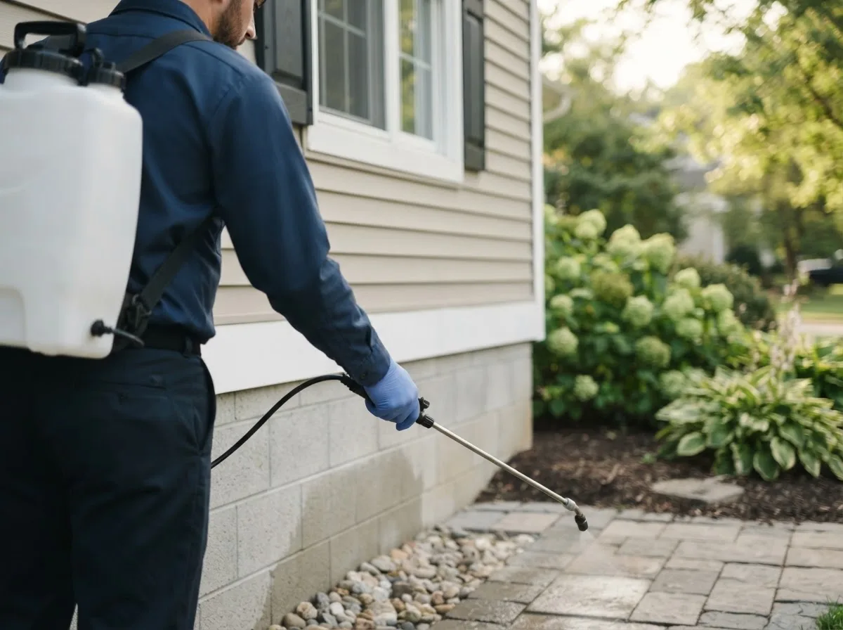Pest control technician inspecting a home in Odessa, MN